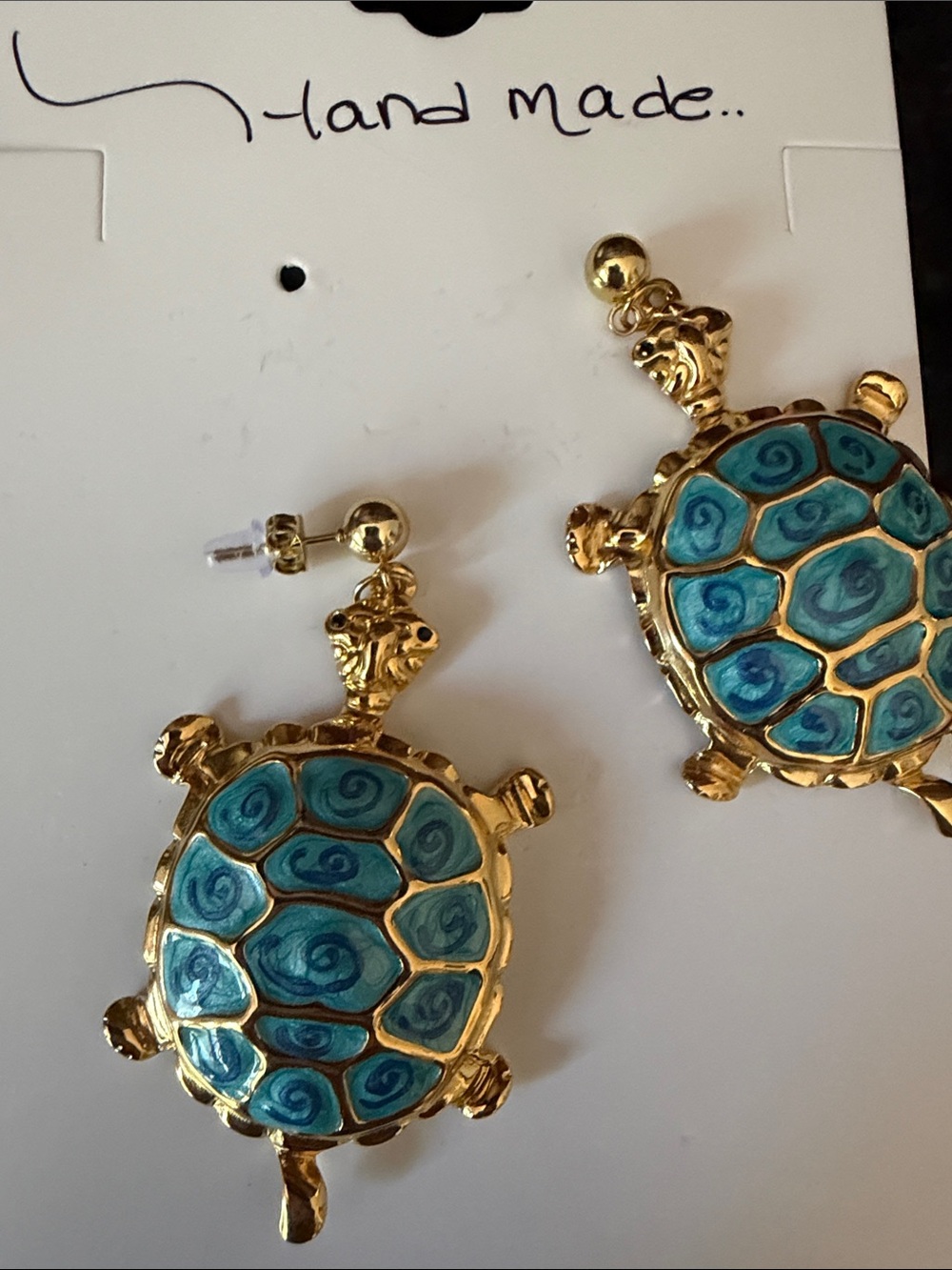 Handmade Gold-Tone Turtle Drop Earrings with Turquoise Blue Shell